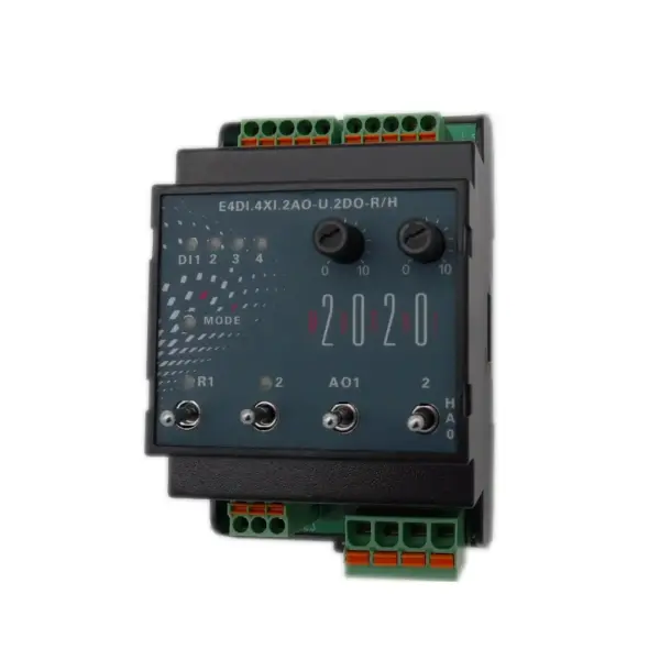 EAP MODUL-2020 Erweiterungsmodul 5719-2 (E4DI.4XI.2AO-U.2DO-R/H) mit oberen und unteren steckbaren Push-in-Klemmen; Front mit Status-LEDs, zwei Potis für AO-Handvorgabe und zwei Kippschaltern für Relais-Handbetrieb.