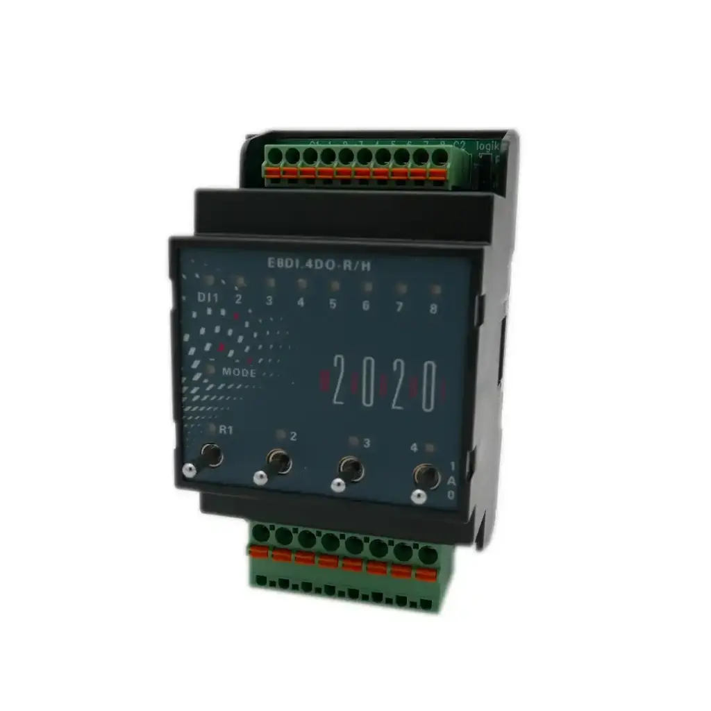 EAP Modul-2020 Erweiterungsmodul E8DI.4DO-R/H (I/O System 5721-2) mit 8× DI 24 V, 4× Relais-Ausgängen, 12 Status-LED und Handebene mit 4 Kippschaltern, Push-in-Klemmen oben/unten.