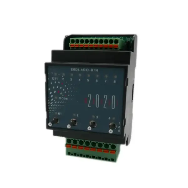 EAP Modul-2020 Erweiterungsmodul E8DI.4DO-R/H (I/O System 5721-2) mit 8× DI 24 V, 4× Relais-Ausgängen, 12 Status-LED und Handebene mit 4 Kippschaltern, Push-in-Klemmen oben/unten.