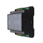 EAP E8DO-OCP rechte Seitenansicht mit Gehäuse, Front-LEDs und oberen/unten Klemmen, Hutschienen-Clip erkennbar.