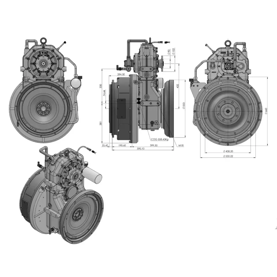 ESCO PHT700A Parallel-Hybridgetriebe – technische Abmessungen mit COG und Anschlussmaßen