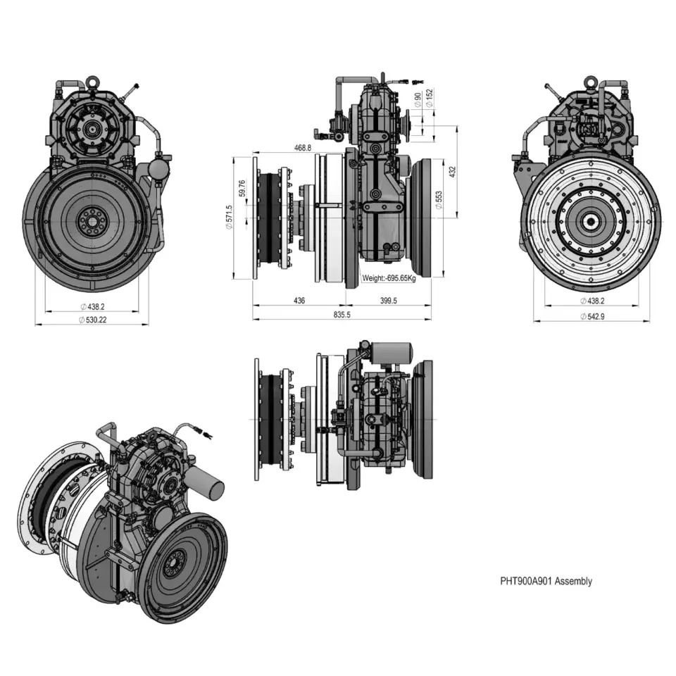 ESCO PHT900A Parallel-Hybridgetriebe – Abmessungen, Explosionsansicht des Flanschpakets