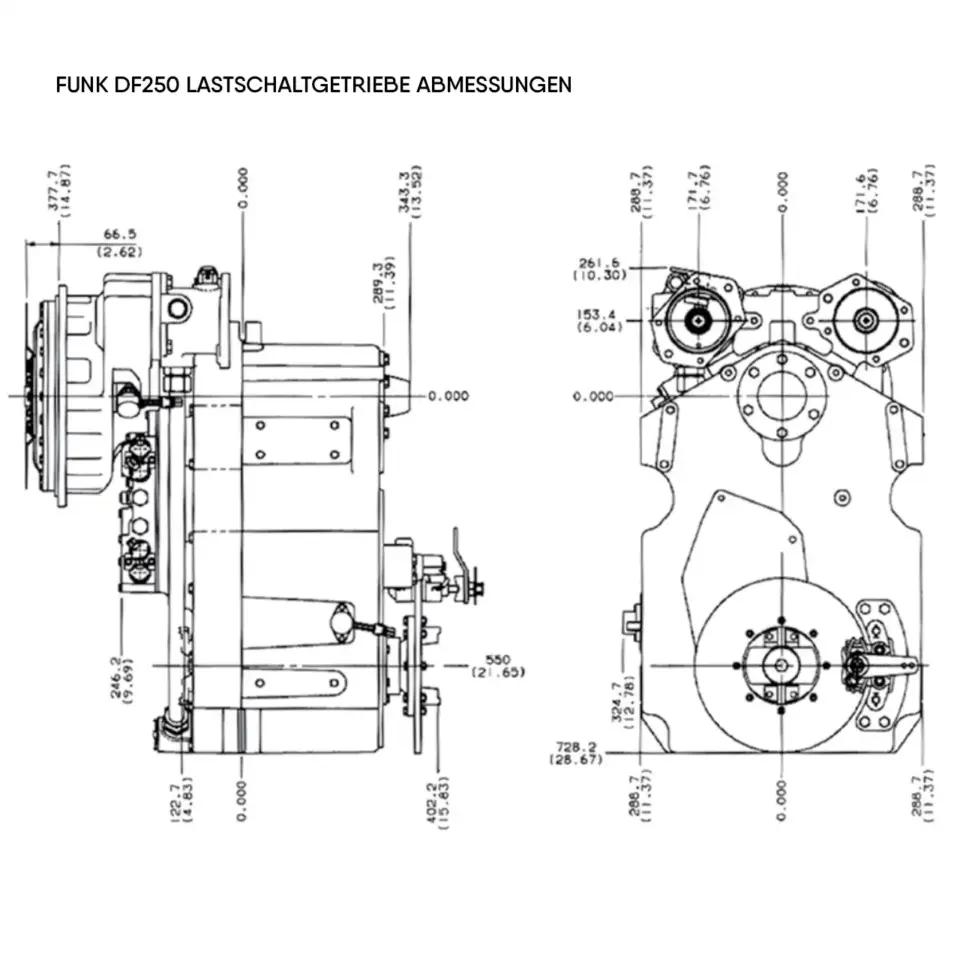 Funk DF250 – bemaßte Konstruktionszeichnung mit Anschlussbildern