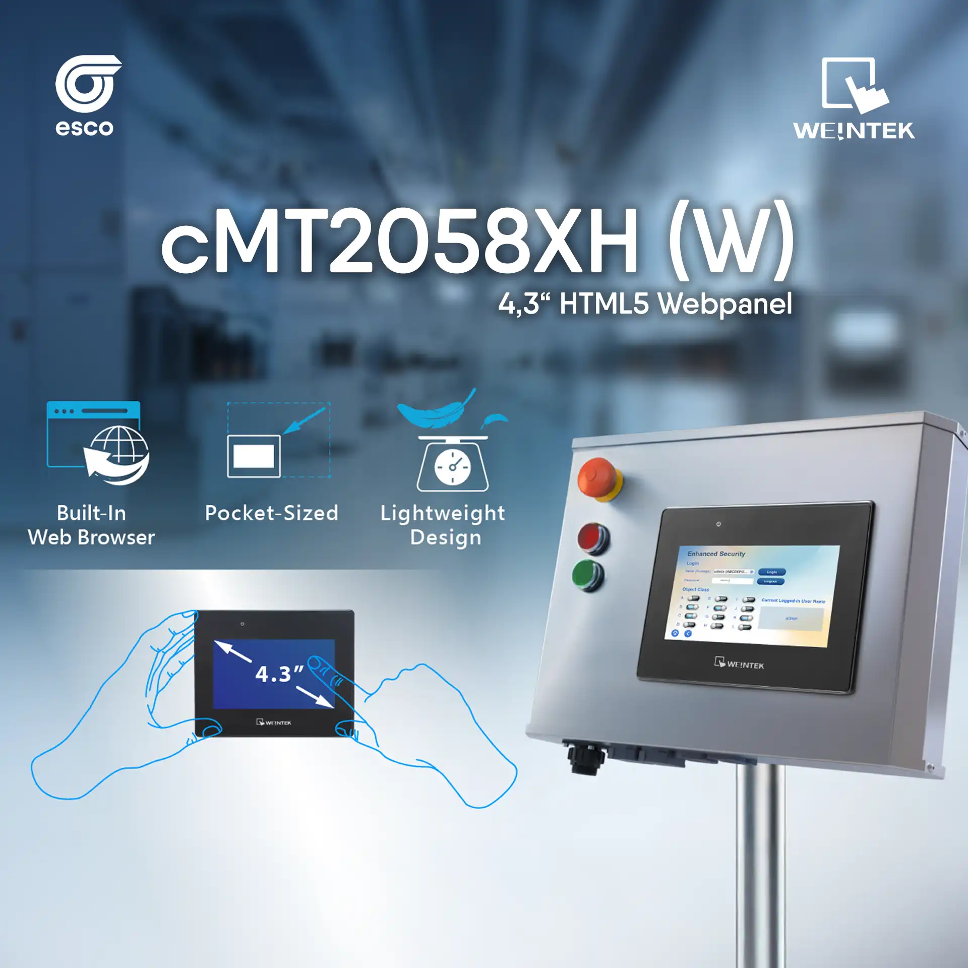 Weintek cMT2058XH (W) 4,3-Zoll HTML5-Webpanel an einem Schaltschrank, mit Piktogrammen für integrierten Webbrowser, kompakte Bauform und leichtes Design sowie Logos von esco und Weintek.