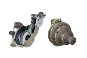 Gegenüberstellung eines Funk Getriebe-Schnittmodells und eines Radnaben-Planetenantriebs zur Drehmomentverstärkung.