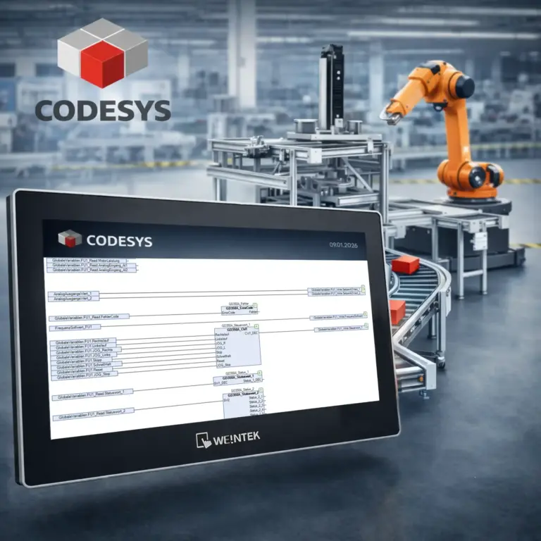 Weintek Industrie-Touchpanel mit Software CODESYS-Steuerung, das eine automatisierte Förderanlage aus Aluminiumprofilen mit Roboter in einer Produktionshalle visualisiert und steuert.