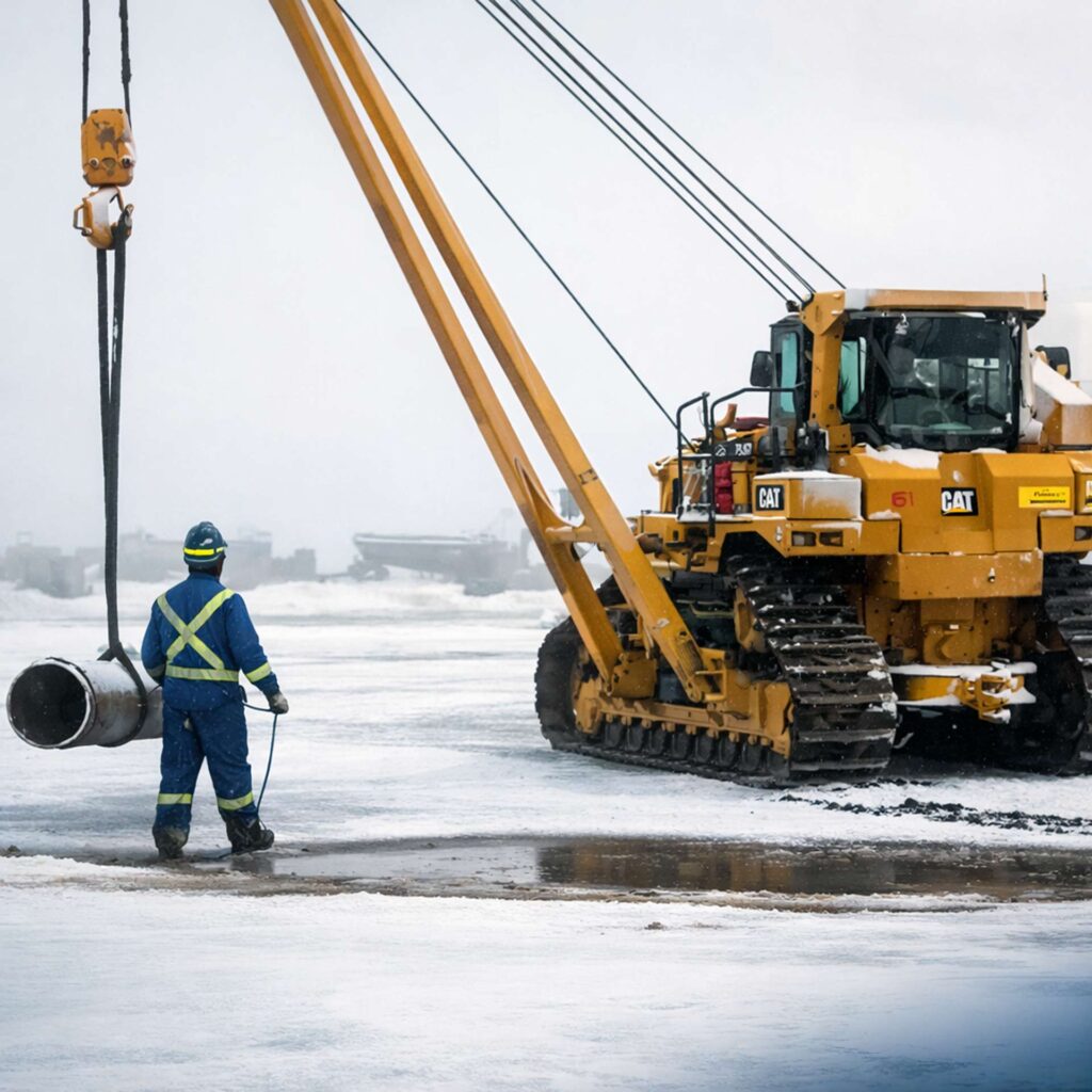Industriearbeiter überwacht das sichere Heben eines schweren Stahlrohrs mit einem Raupenkran auf einer verschneiten Baustelle.